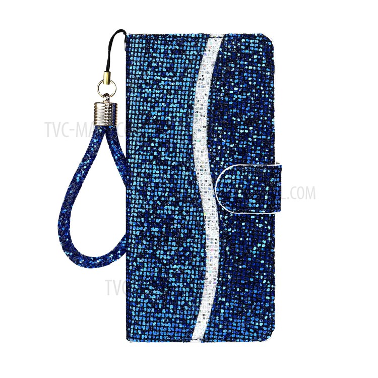 Glittery Powder Splicing Wallet Stand Leather Phone Case Cover for Samsung Galaxy A42 5G - Blue-1