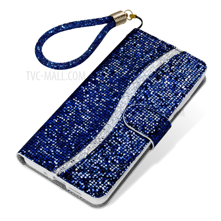 Glittery Powder Splicing Wallet Stand Leather Phone Case Cover for Samsung Galaxy A42 5G - Blue-6