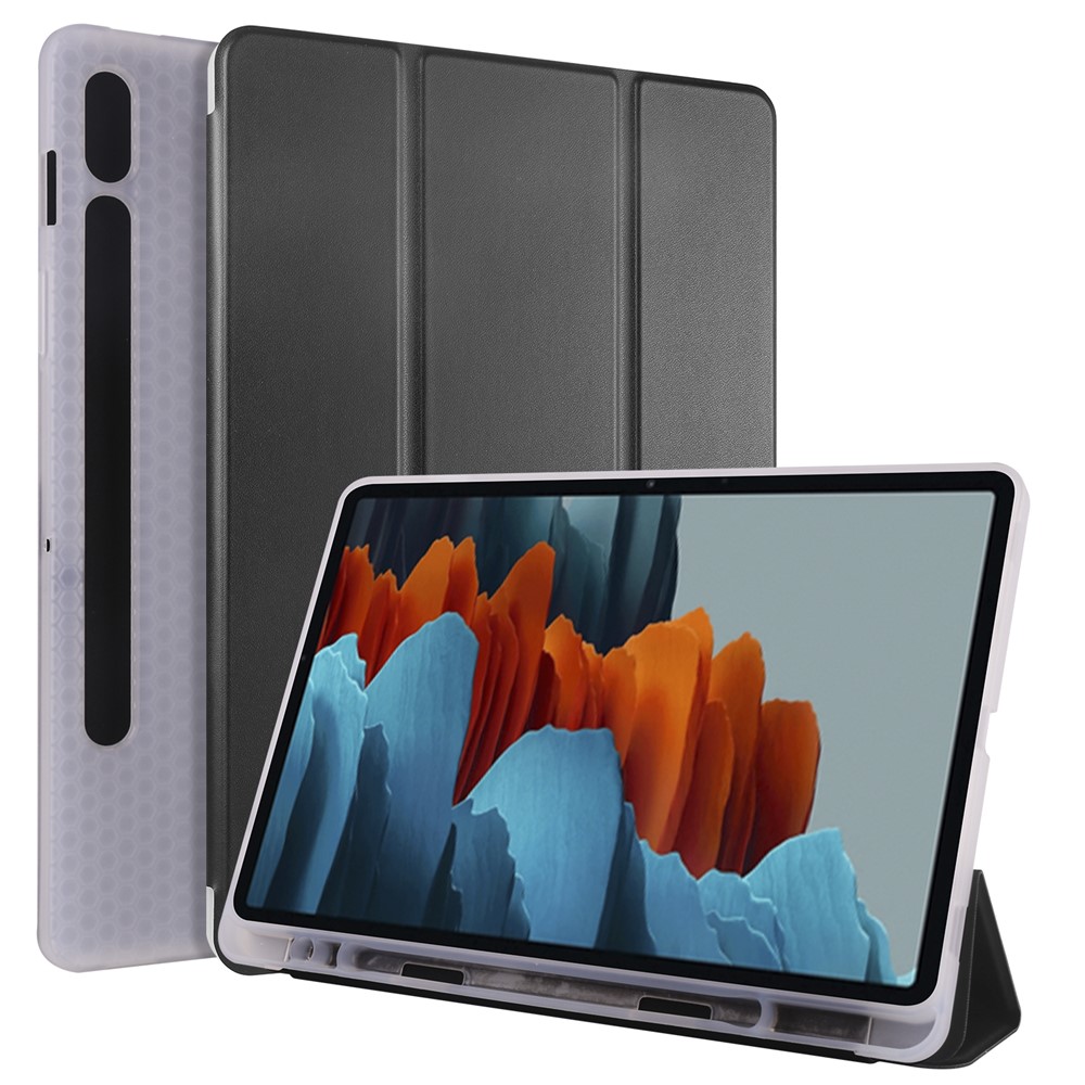 Tri-fold Stand Leather Smart Case with Pen Slot for Samsung Galaxy Tab S7 T870 - Black-1