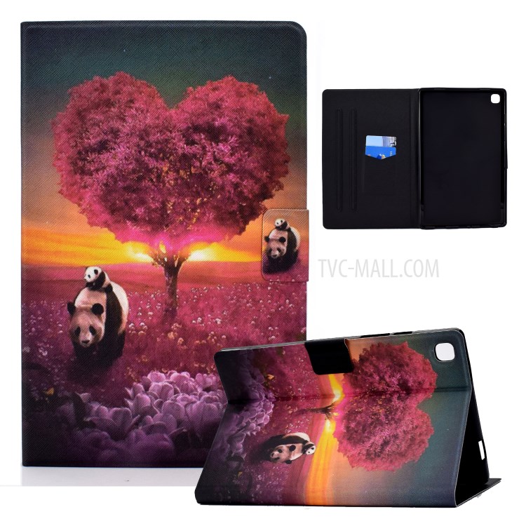 TPU + PU Leather Colored Drawing Card Holder Tablet Case for Samsung Galaxy Tab S6 Lite P610 - Pandas and Tree-1