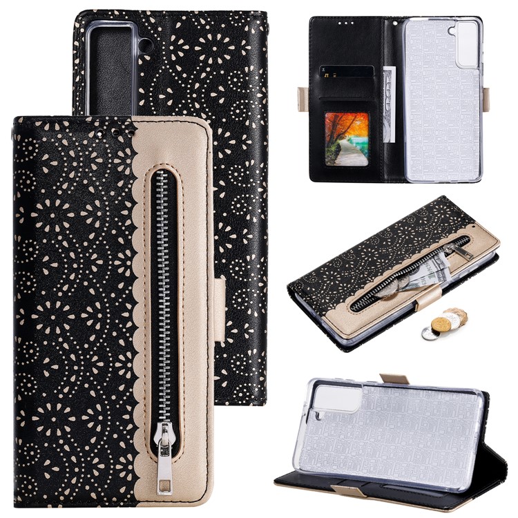 Lace Flower Skin Zipper Leather Cover for Samsung Galaxy S30 Stand Case - Black-1