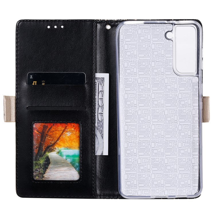 Capa de Couro Com Zíper Para Pele de Flor de Renda Para Samsung Galaxy S21 4G/5G Stand Case - Preto