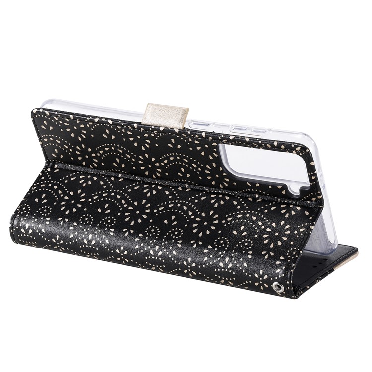 Couverture en Cuir à Glissière à la Peau de Fleur de Dentelle Pour Samsung Galaxy S21 4g / 5g Stand Casse - le Noir