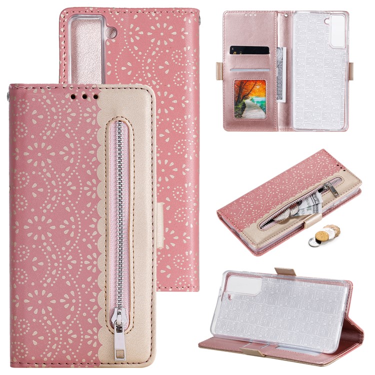 Lace Flower Skin Zipper Leather Cover Stand Case for Samsung Galaxy S30+ - Pink-1
