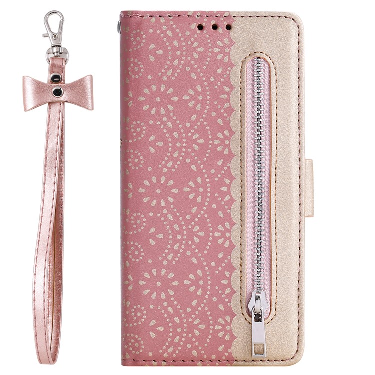 Lace Flower Skin Zipper Leather Cover Stand Case for Samsung Galaxy S30+ - Pink-2