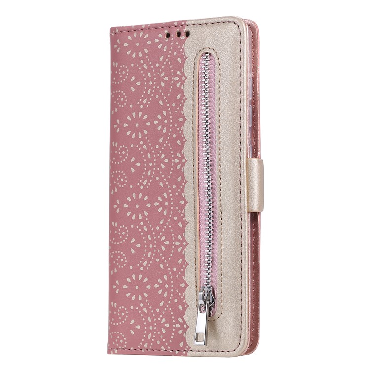Lace Flower Skin Zipper Leather Cover Stand Case for Samsung Galaxy S30+ - Pink-4