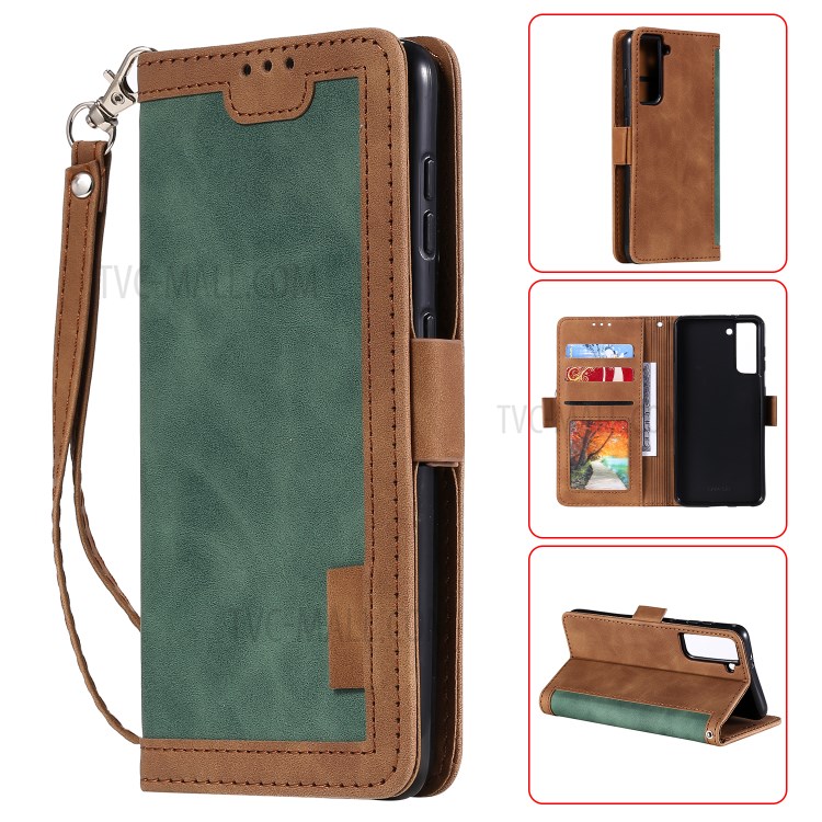 Retro Style Splicing Leather Cover for Samsung Galaxy S30+ Wallet Case with Lanyard - Green-1