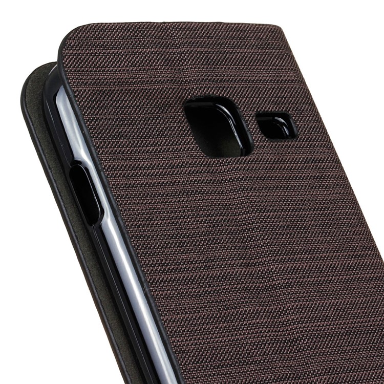 Canvas Leather Card Holder Stand Folio Cover for Samsung Galaxy J1 Mini - Coffee-3