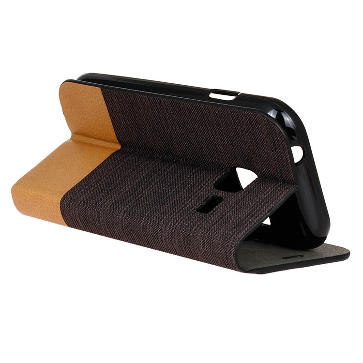 Canvas Leather Card Holder Stand Folio Cover for Samsung Galaxy J1 Mini - Coffee-6