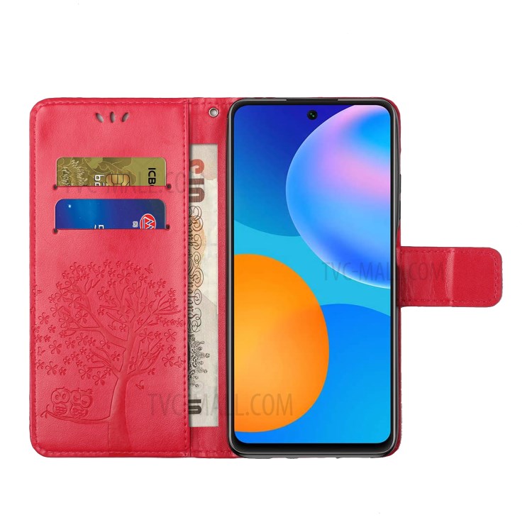 Inside and Outside Imprint Tree Owl Pattern Leather Stylish Wallet Case for Samsung Galaxy A72 5G - Red-5