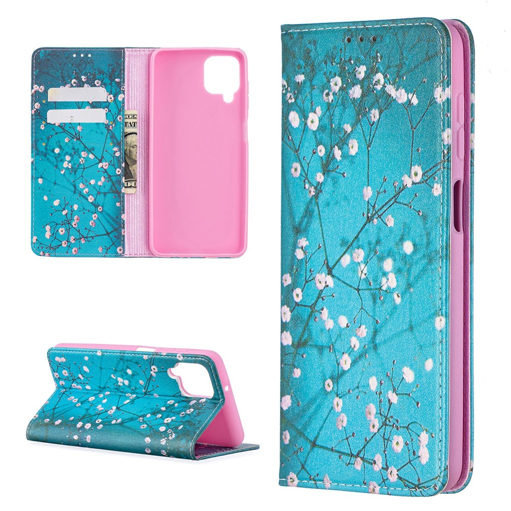 Auto-absorbed Stylish Patterned PU Leather Wallet Case for Samsung Galaxy A12 - Plum Blossom-1