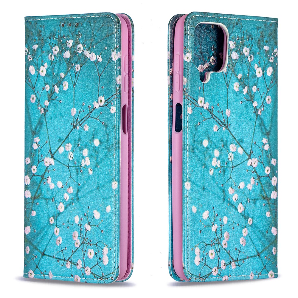 Auto-absorbed Stylish Patterned PU Leather Wallet Case for Samsung Galaxy A12 - Plum Blossom-2