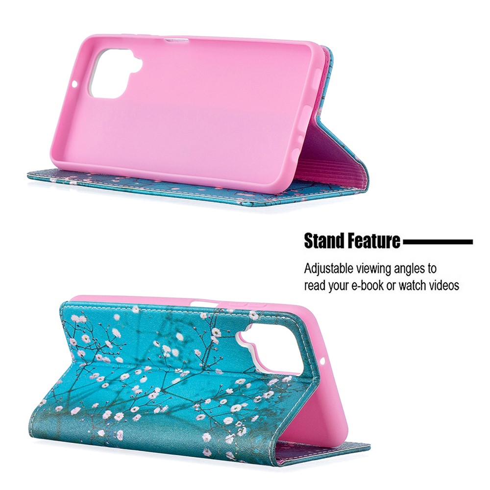 Auto-absorbed Stylish Patterned PU Leather Wallet Case for Samsung Galaxy A12 - Plum Blossom-5