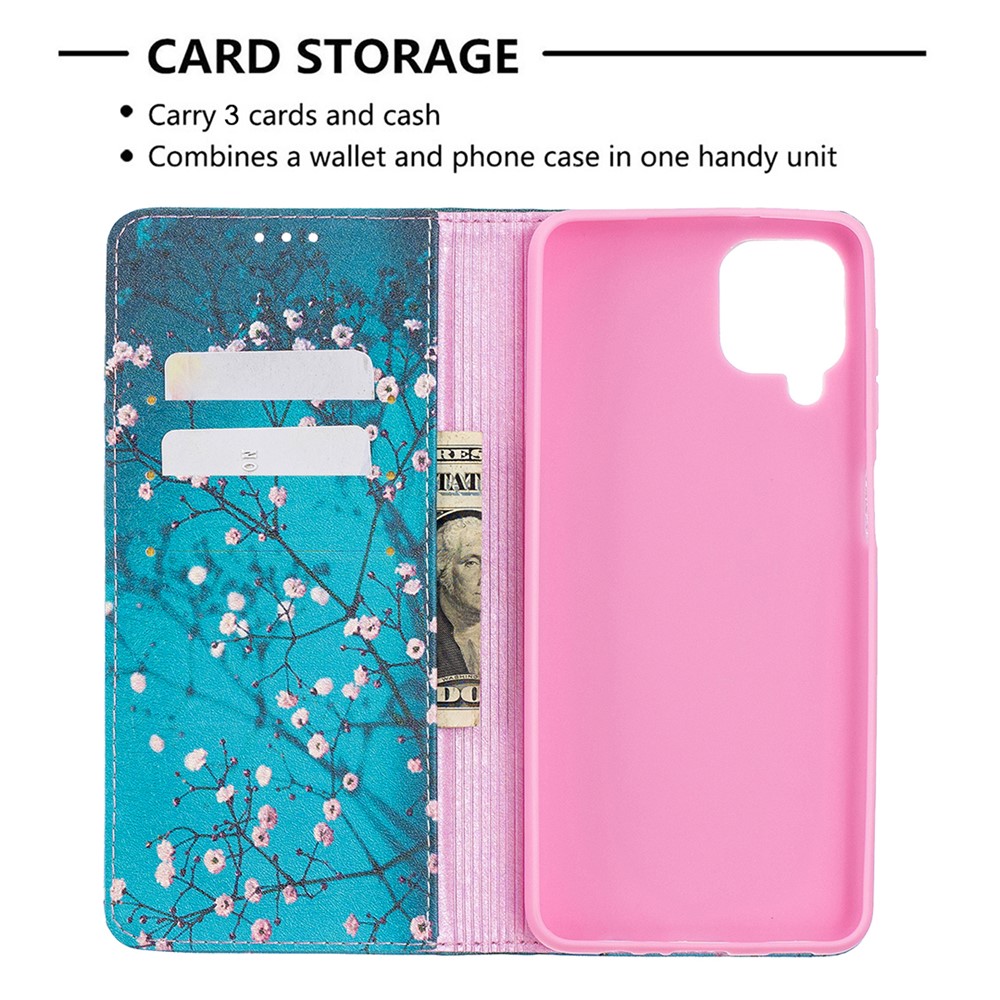 Auto-absorbed Stylish Patterned PU Leather Wallet Case for Samsung Galaxy A12 - Plum Blossom-7