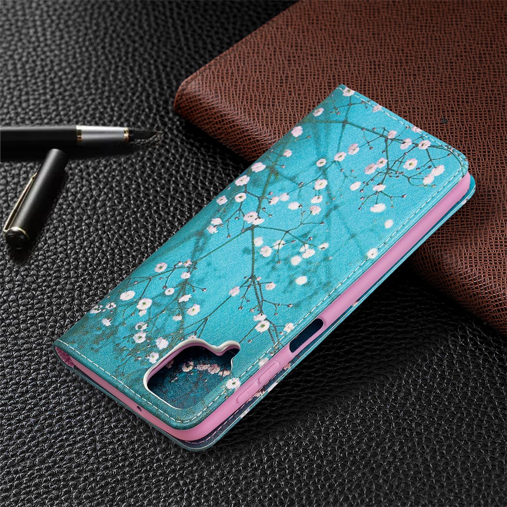 Auto-absorbed Stylish Patterned PU Leather Wallet Case for Samsung Galaxy A12 - Plum Blossom-9