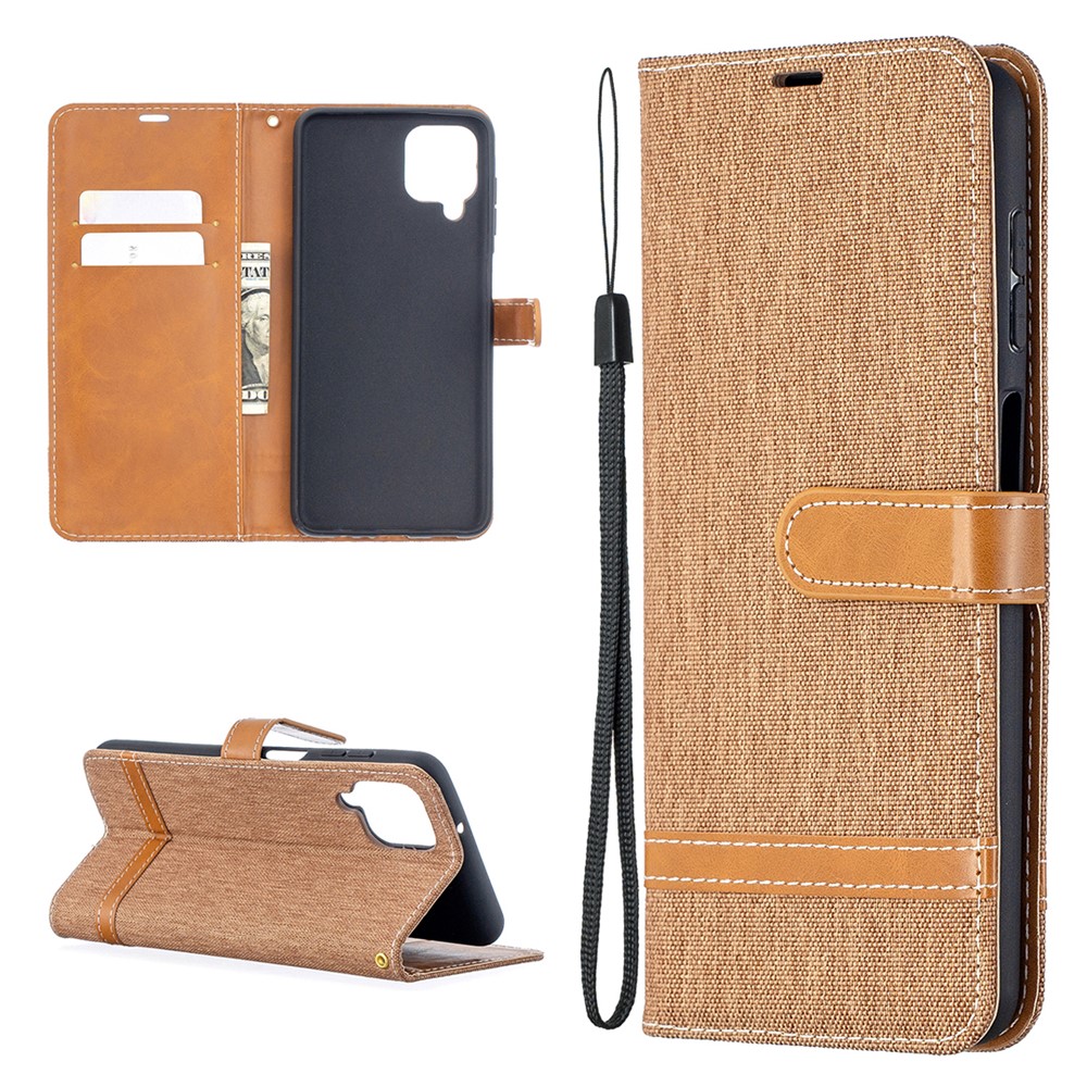 Case for Samsung Galaxy A12 Color Splicing Jeans Cloth Skin Wallet Leather Phone Cover - Brown-1