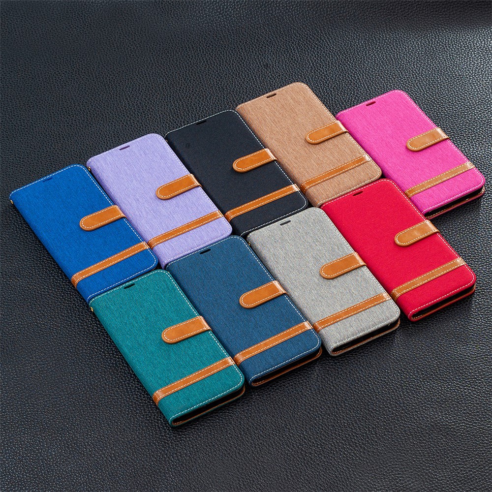 Case for Samsung Galaxy A12 Color Splicing Jeans Cloth Skin Wallet Leather Phone Cover - Brown-10