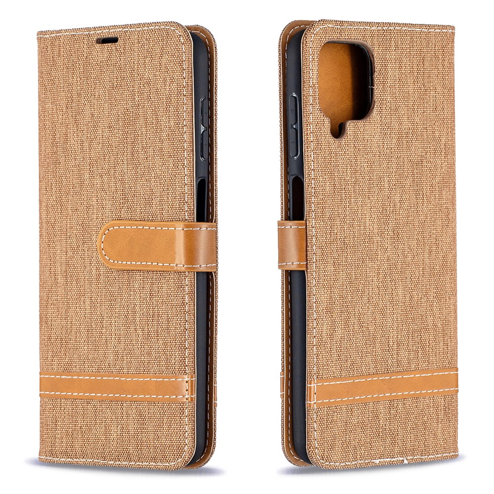 Case for Samsung Galaxy A12 Color Splicing Jeans Cloth Skin Wallet Leather Phone Cover - Brown-2