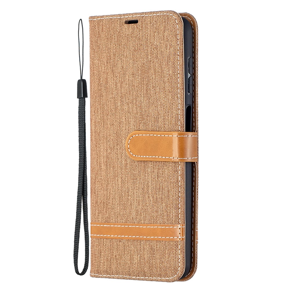 Case for Samsung Galaxy A12 Color Splicing Jeans Cloth Skin Wallet Leather Phone Cover - Brown-3