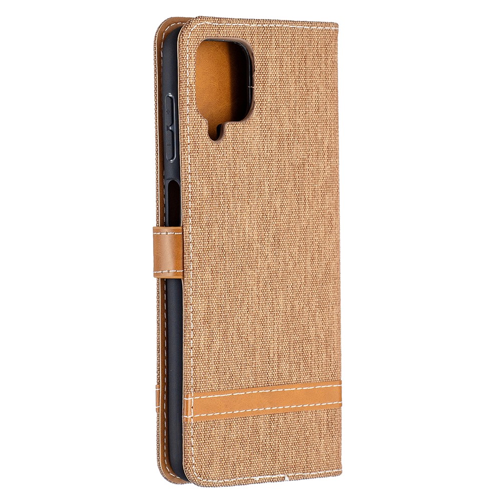 Case for Samsung Galaxy A12 Color Splicing Jeans Cloth Skin Wallet Leather Phone Cover - Brown-4