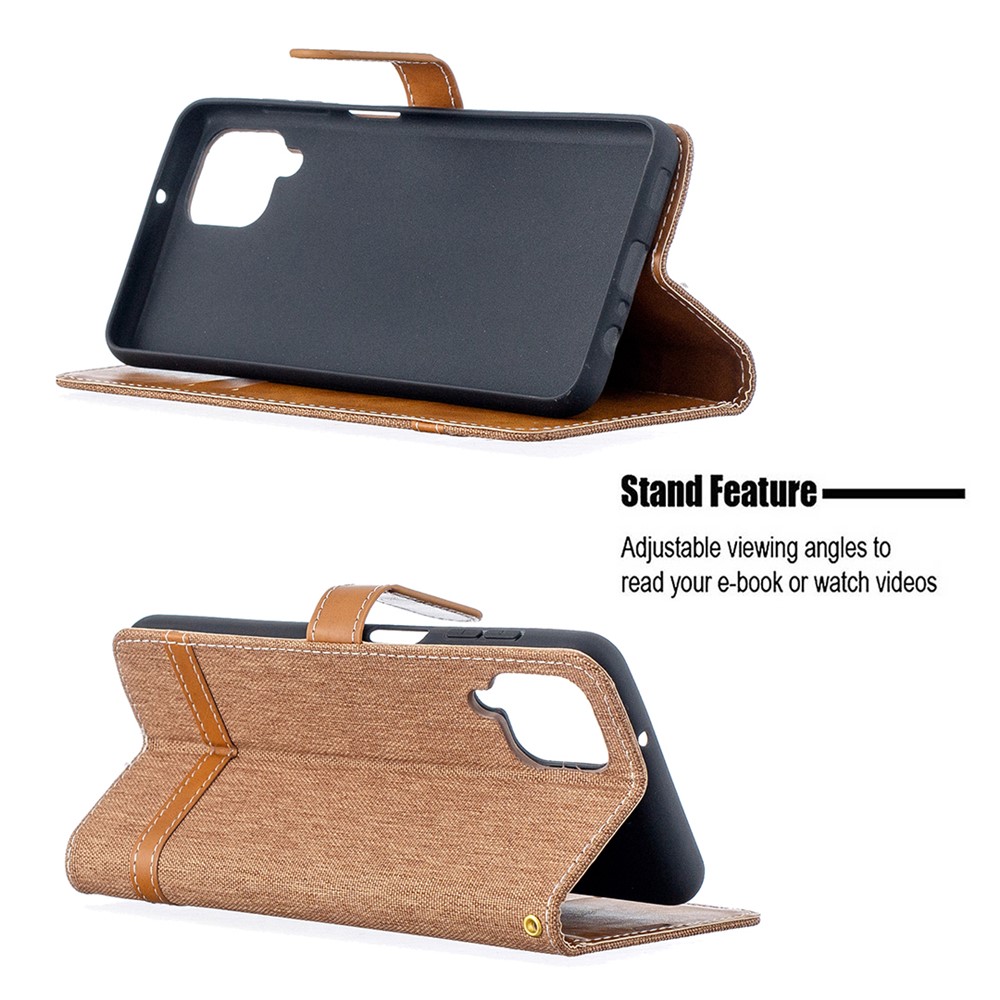 Case for Samsung Galaxy A12 Color Splicing Jeans Cloth Skin Wallet Leather Phone Cover - Brown-5