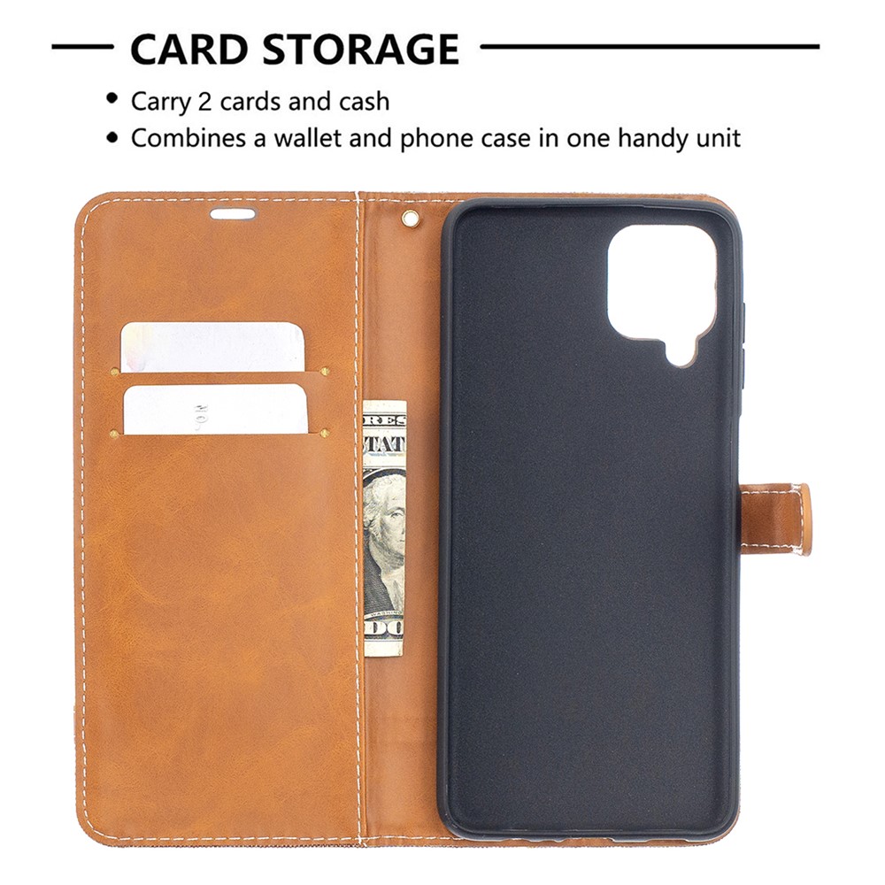 Case for Samsung Galaxy A12 Color Splicing Jeans Cloth Skin Wallet Leather Phone Cover - Brown-6