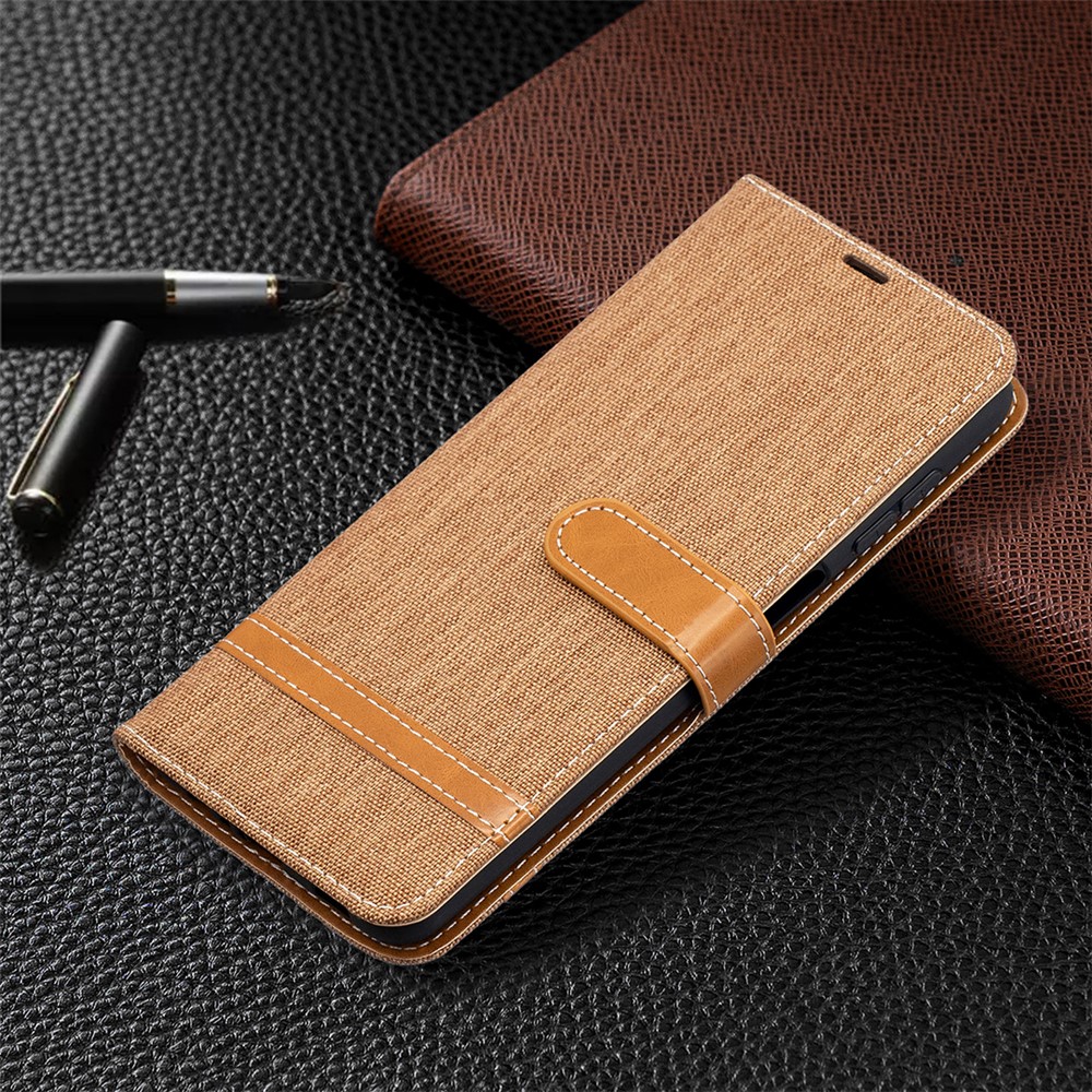 Case for Samsung Galaxy A12 Color Splicing Jeans Cloth Skin Wallet Leather Phone Cover - Brown-7