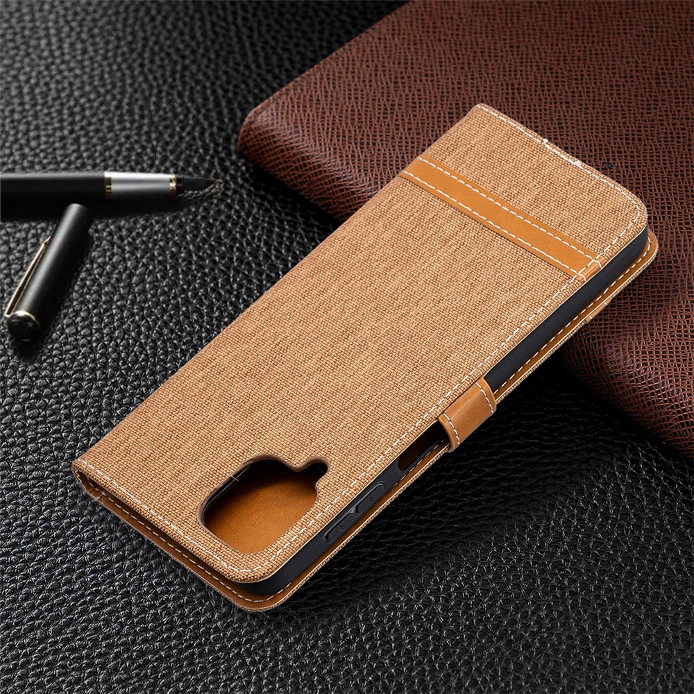 Case for Samsung Galaxy A12 Color Splicing Jeans Cloth Skin Wallet Leather Phone Cover - Brown-8