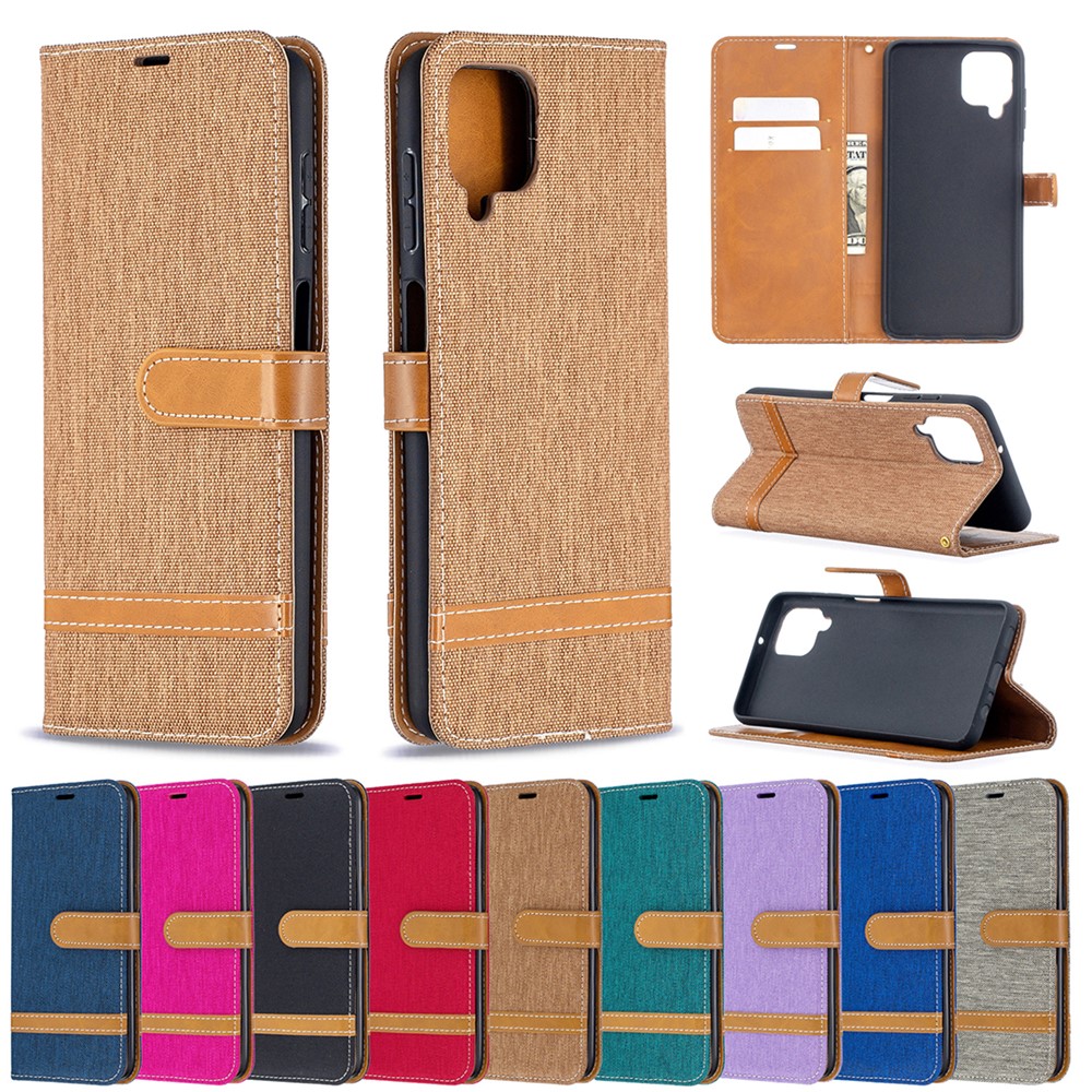 Case for Samsung Galaxy A12 Color Splicing Jeans Cloth Skin Wallet Leather Phone Cover - Brown-9
