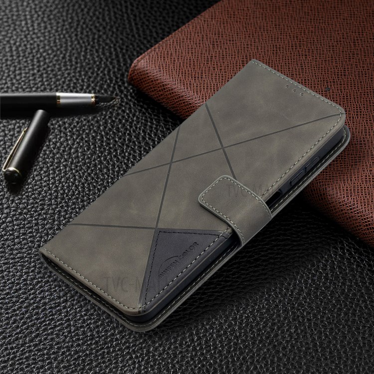 BF05 Geometric Texture for Samsung Galaxy A12 Leather Wallet Stand Protector Case - Grey-7