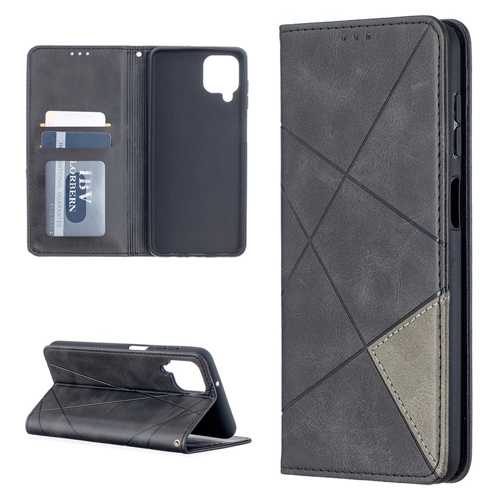 For Samsung Galaxy A12 Geometric Pattern Leather Stand Case Card Holder Shell - Black-1