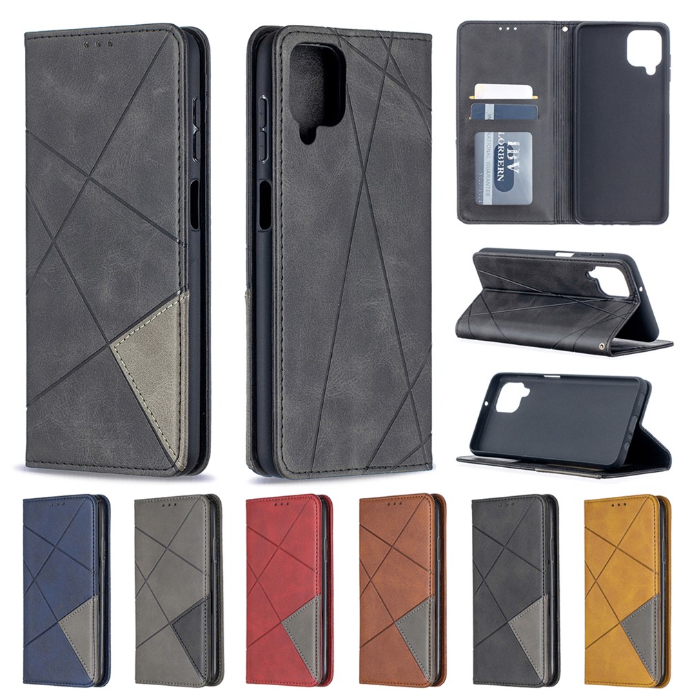 For Samsung Galaxy A12 Geometric Pattern Leather Stand Case Card Holder Shell - Black-10