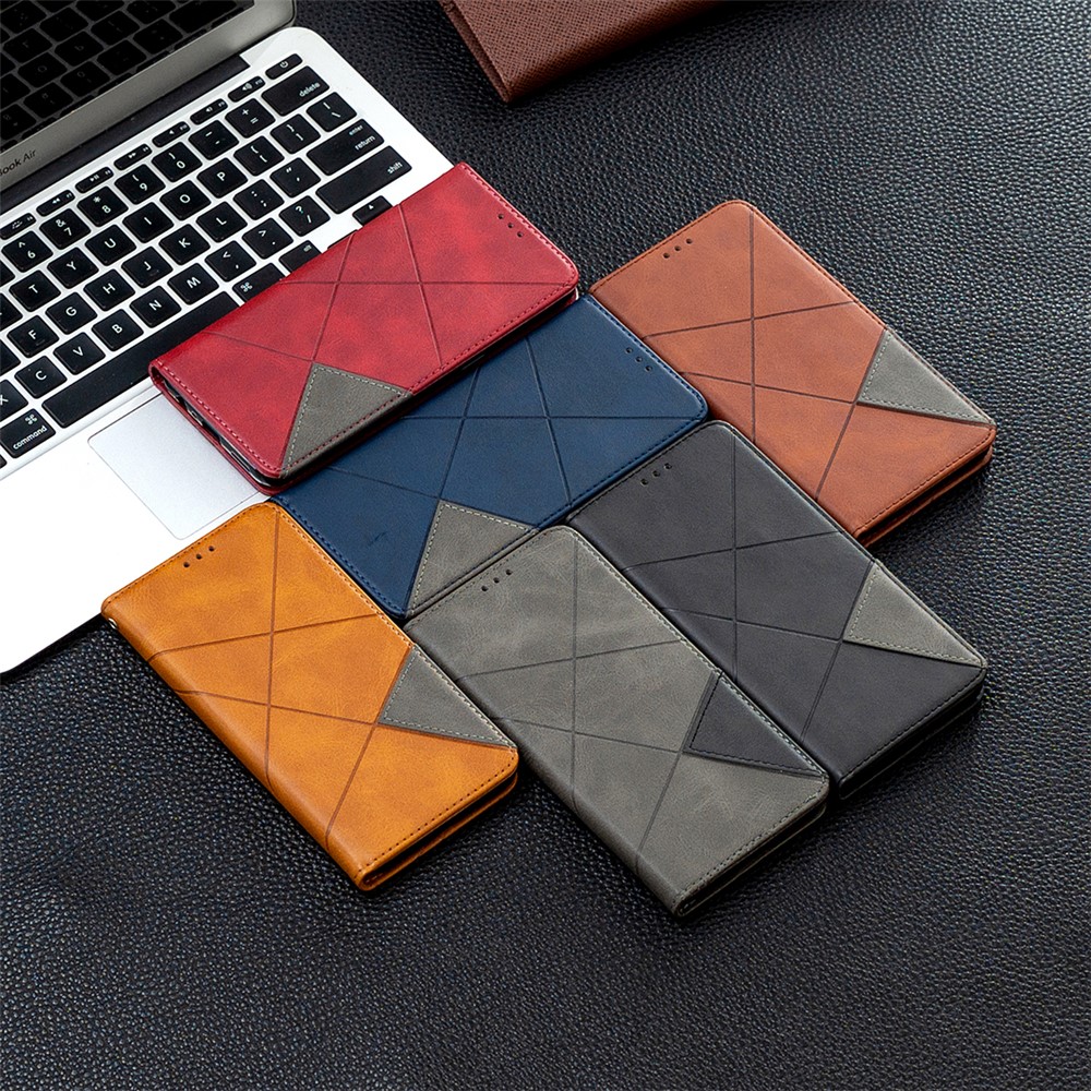 For Samsung Galaxy A12 Geometric Pattern Leather Stand Case Card Holder Shell - Black-11