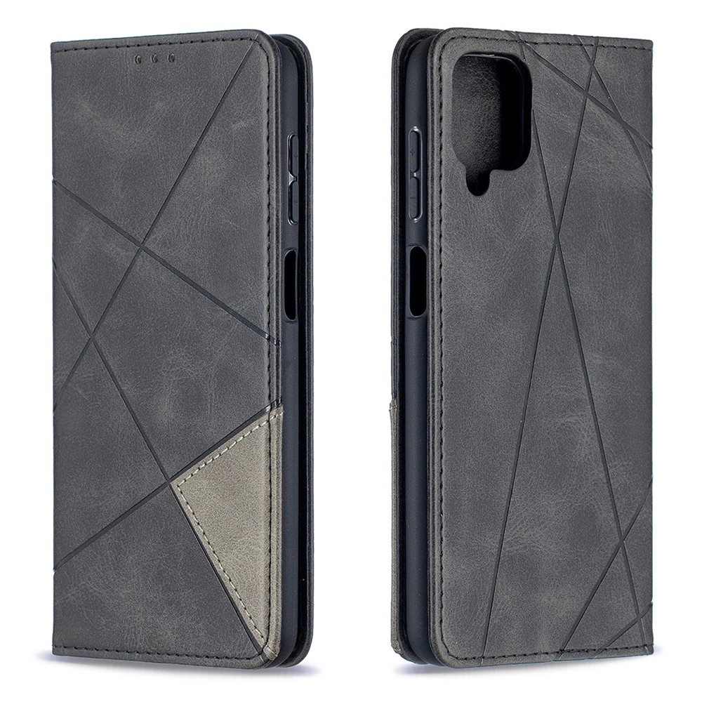 For Samsung Galaxy A12 Geometric Pattern Leather Stand Case Card Holder Shell - Black-2