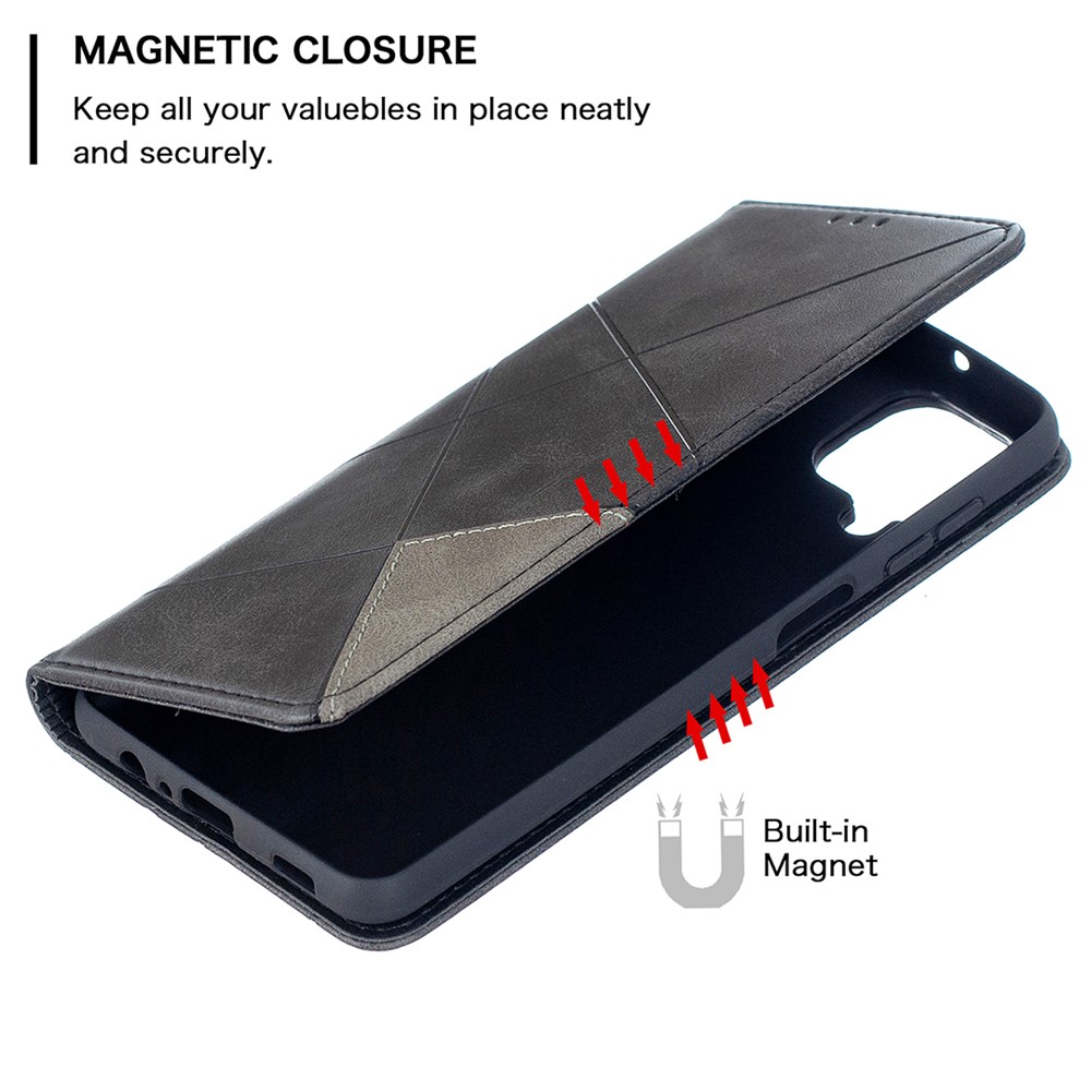 For Samsung Galaxy A12 Geometric Pattern Leather Stand Case Card Holder Shell - Black-6