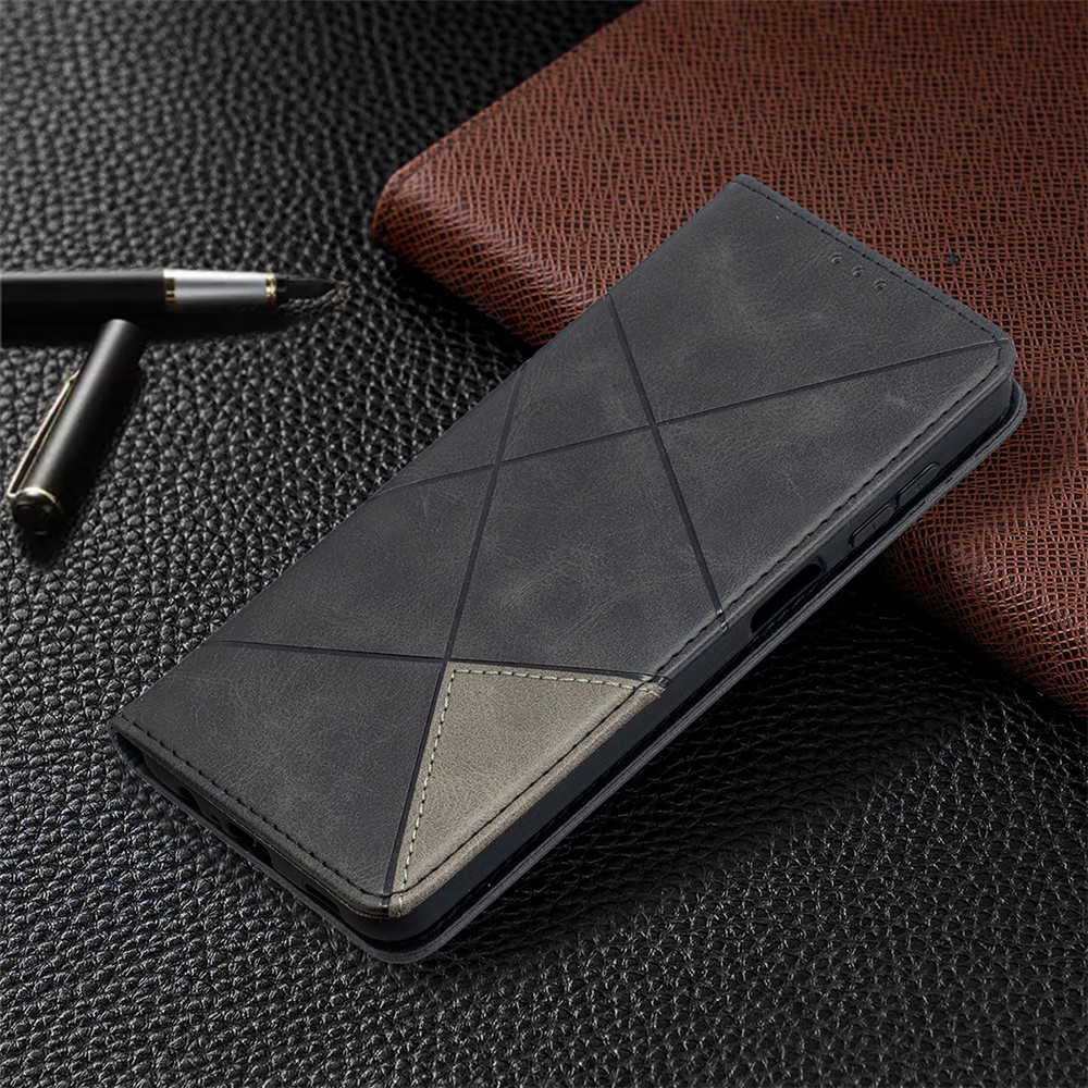 For Samsung Galaxy A12 Geometric Pattern Leather Stand Case Card Holder Shell - Black-8