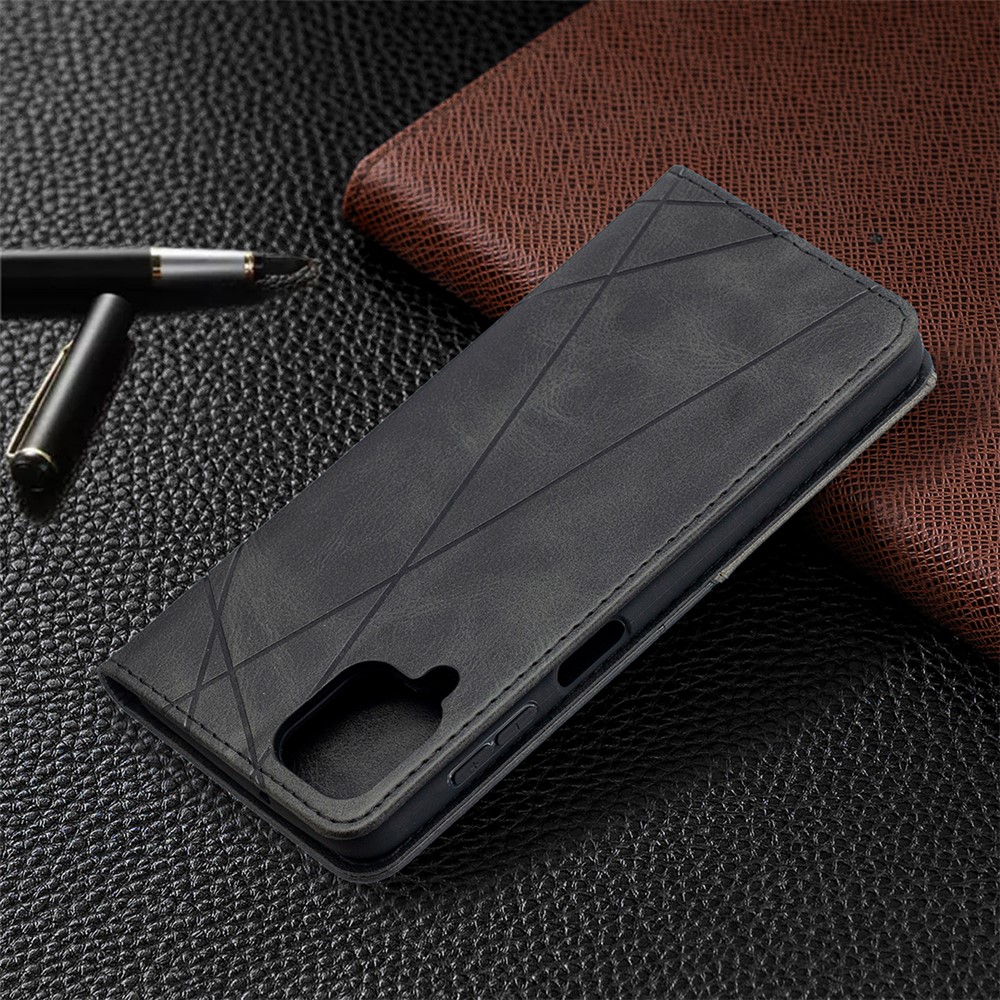 For Samsung Galaxy A12 Geometric Pattern Leather Stand Case Card Holder Shell - Black-9