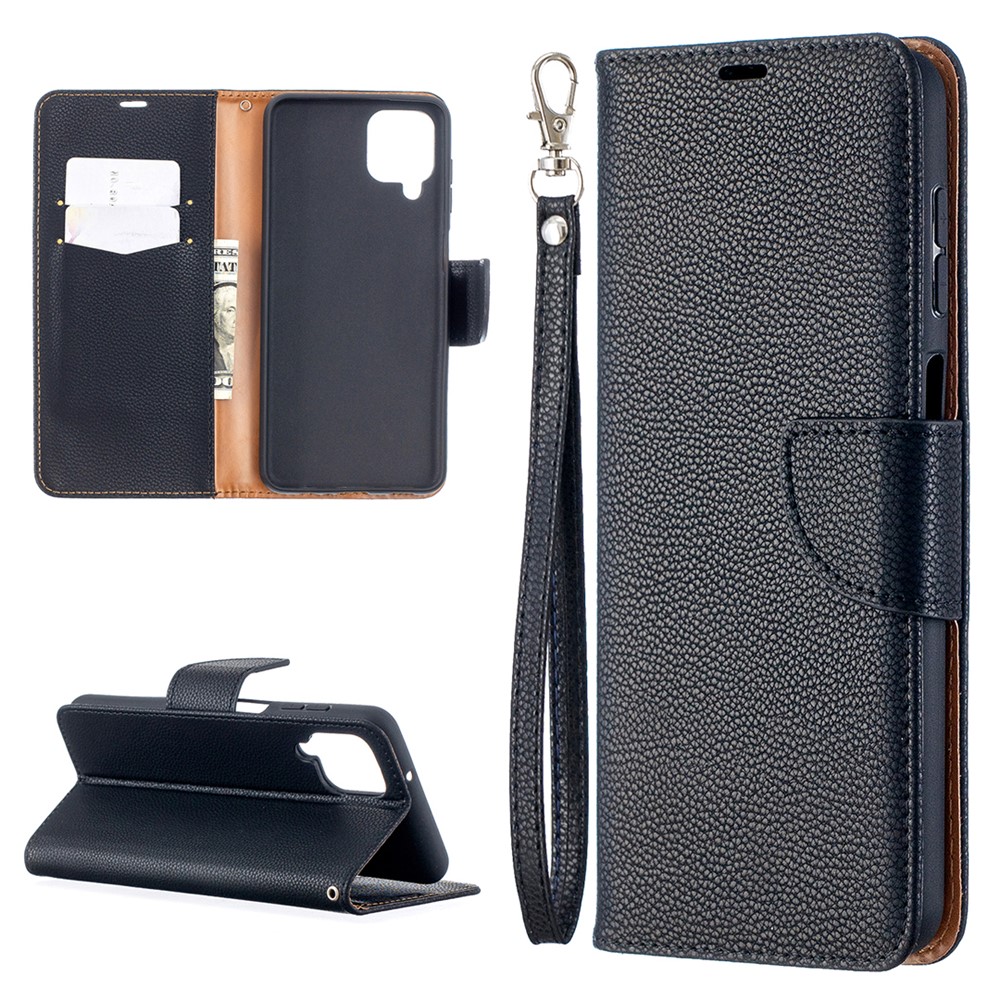 Litchi Skin Wallet Pure Color Phone Case for Samsung Galaxy A12 - Black-1