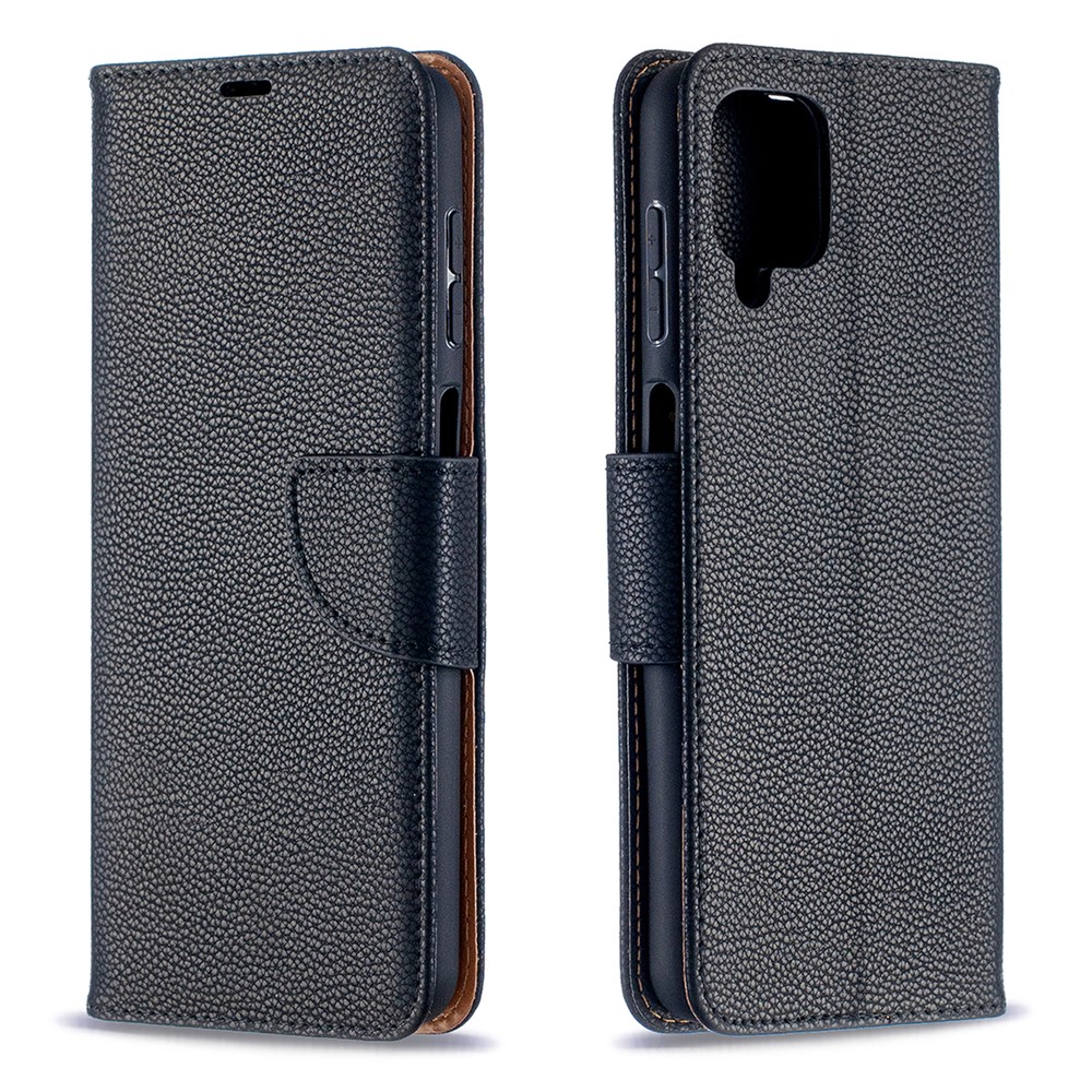 Litchi Skin Wallet Pure Color Phone Case for Samsung Galaxy A12 - Black-2