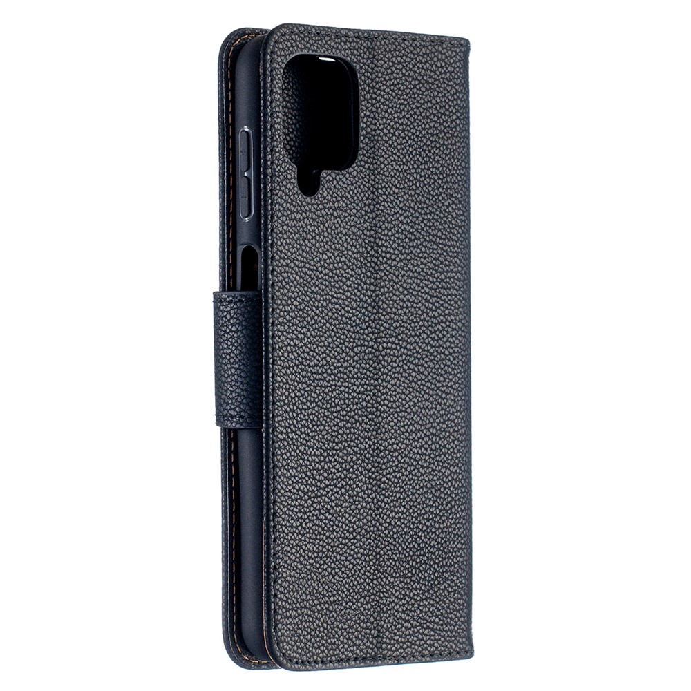 Litchi Skin Wallet Pure Color Phone Case for Samsung Galaxy A12 - Black-4
