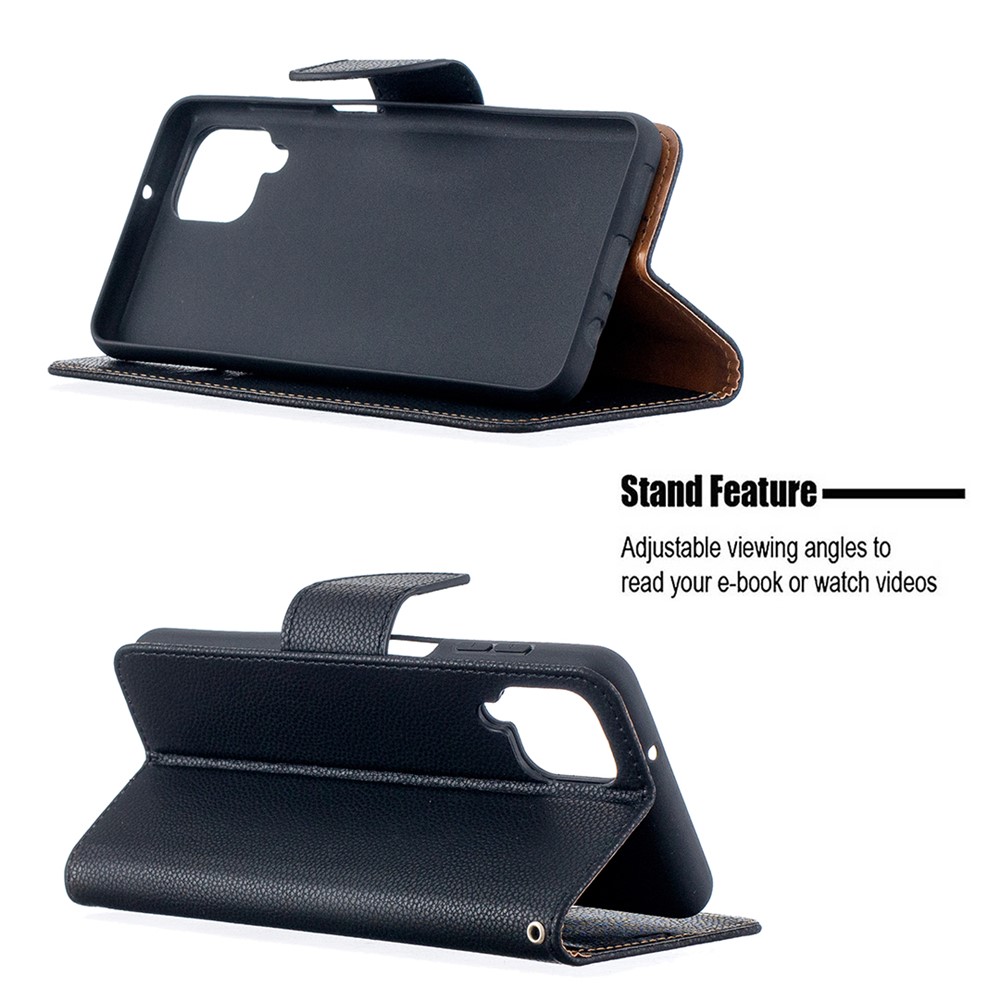 Litchi Skin Wallet Pure Color Phone Case for Samsung Galaxy A12 - Black-5