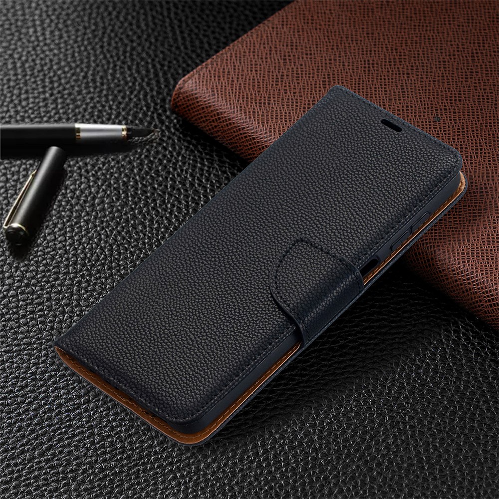 Litchi Skin Wallet Pure Color Phone Case for Samsung Galaxy A12 - Black-7