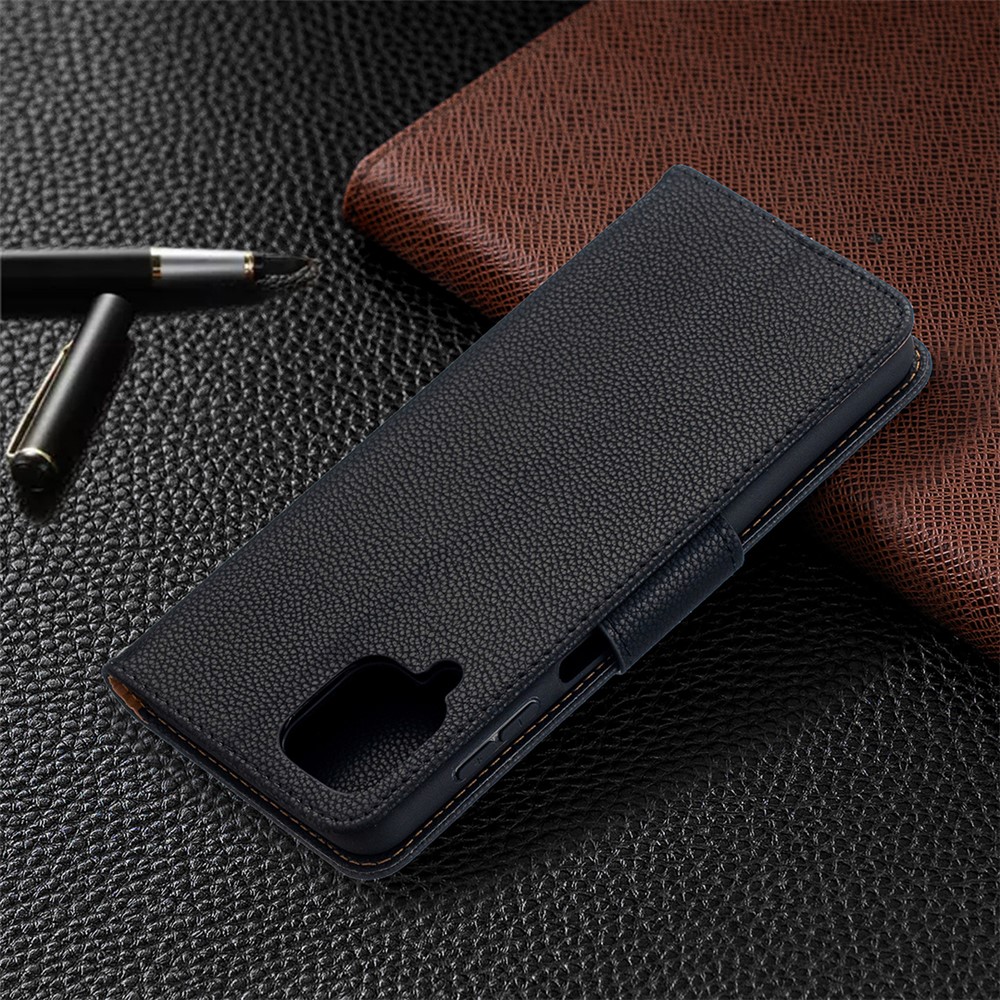 Litchi Skin Wallet Pure Color Phone Case for Samsung Galaxy A12 - Black-8