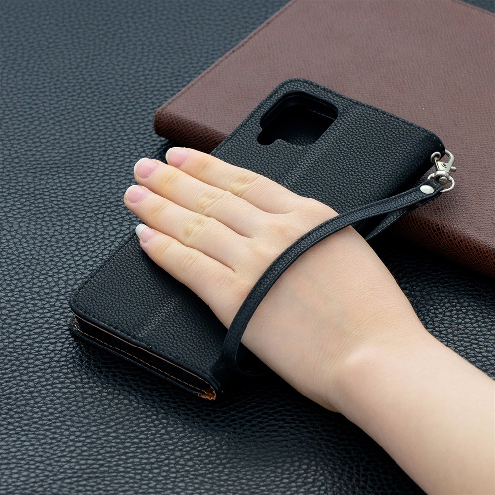 Litchi Skin Wallet Pure Color Phone Case for Samsung Galaxy A12 - Black-9