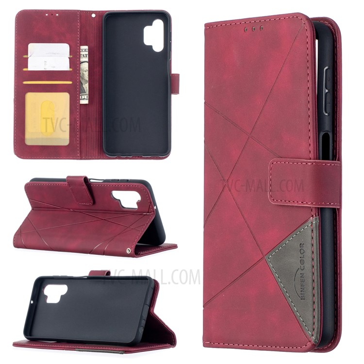 For Samsung Galaxy A32 BF05 Geometric Texture Leather Wallet Stand Case Cover - Red-1