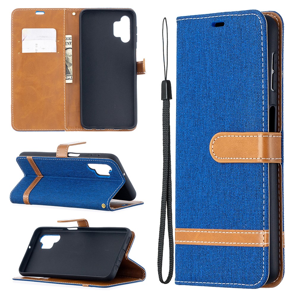 Case for Samsung Galaxy A32 Color Splicing Jeans Cloth Surface Wallet Leather Phone Cover - Baby Blue-1