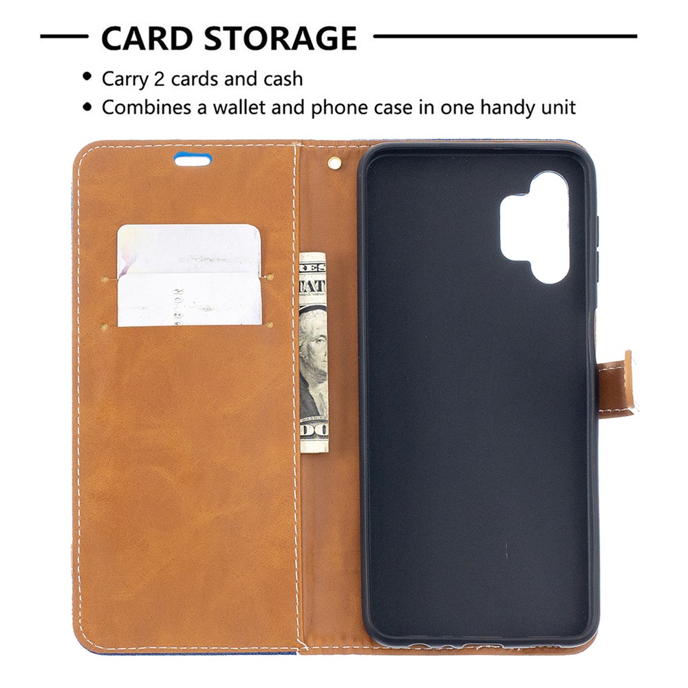 Case for Samsung Galaxy A32 Color Splicing Jeans Cloth Surface Wallet Leather Phone Cover - Baby Blue-3