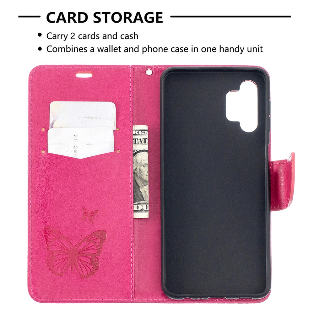 For Samsung Galaxy A32 Imprint Butterflies Wallet Stand Flip Leather Phone Shell - Rose-3