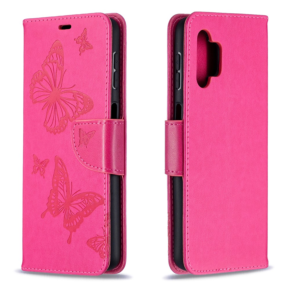 For Samsung Galaxy A32 Imprint Butterflies Wallet Stand Flip Leather Phone Shell - Rose-8