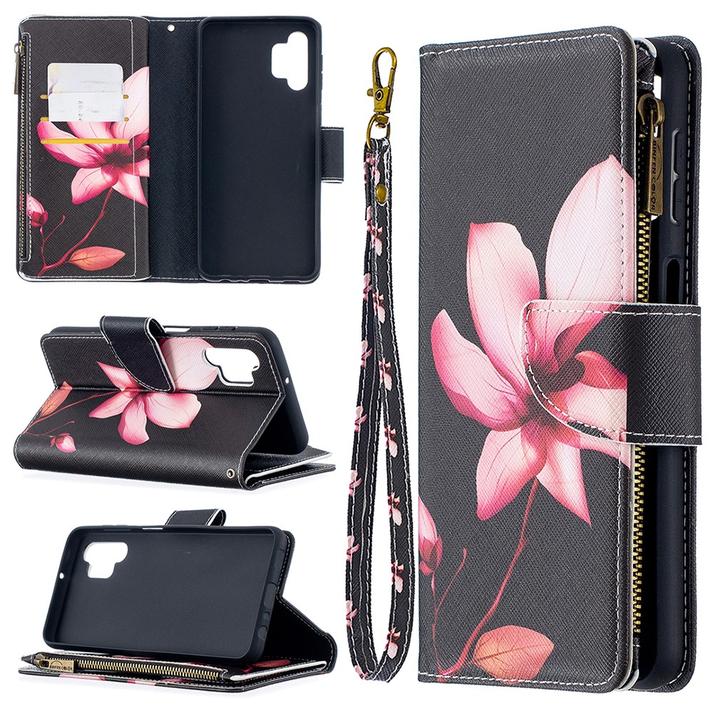 Pattern Printing Wallet Stand Leather Phone Cover Protector for Samsung Galaxy A32 - Pink Flower-1